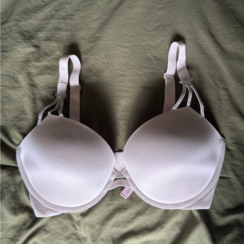 Victoria's Secret silver bra with shooting star straps